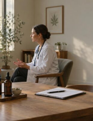 Medical cannabis consultation in a bright dispensary room with tincture bottles visible