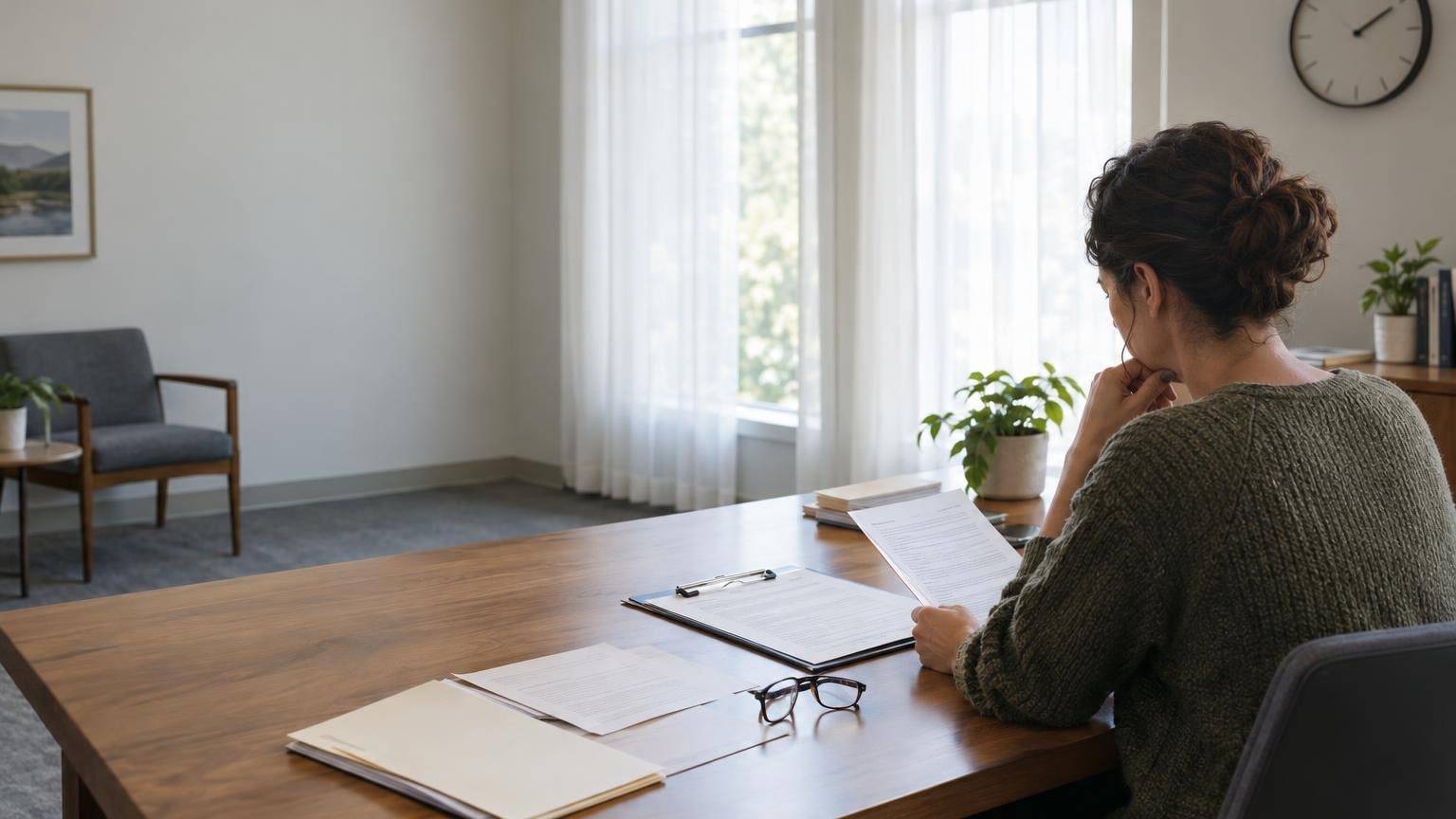 Patient reviewing medical cannabis registration papers in a government office