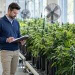 Interior of a New Jersey cannabis cultivation facility with a businessman reviewing documents