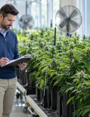 Interior of a New Jersey cannabis cultivation facility with a businessman reviewing documents