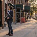 Entrepreneur standing outside a New York storefront holding documents in the late afternoon
