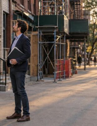 Entrepreneur standing outside a New York storefront holding documents in the late afternoon