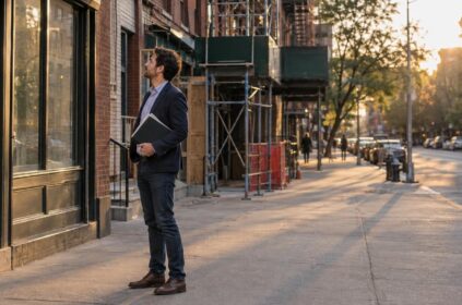 Entrepreneur standing outside a New York storefront holding documents in the late afternoon