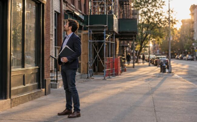 Entrepreneur standing outside a New York storefront holding documents in the late afternoon