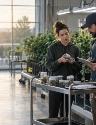 Workers in a cannabis cultivation facility discussing near plants and sample jars