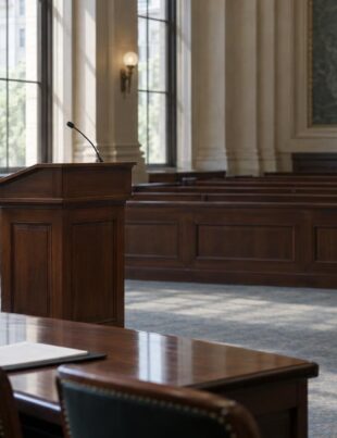 Empty government hearing room with podium and chairs for DEA rescheduling hearing