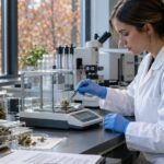 Lab technician measuring hemp flower samples in a testing laboratory with autumn light