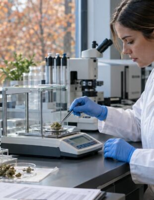 Lab technician measuring hemp flower samples in a testing laboratory with autumn light