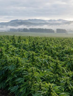 New Zealand hemp field with farmer inspecting plants in early morning light
