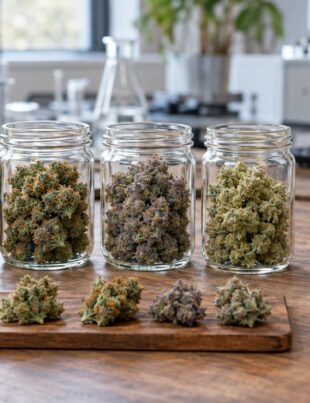 Close-up of OG Kush cannabis buds and terpene extract bottles on a wooden table