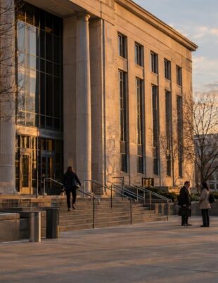 Cuyahoga County courthouse exterior with people nearby in autumn light