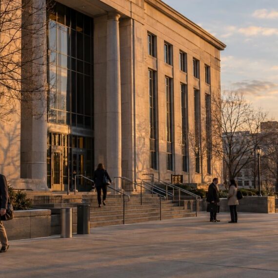 Cuyahoga County courthouse exterior with people nearby in autumn light