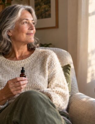 Older adult holding a CBD oil dropper bottle in a sunlit living room