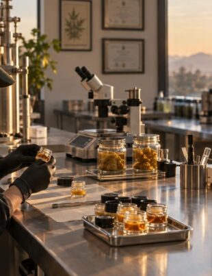 Cannabis live rosin concentrate in glass jar on extraction lab bench