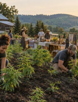 Community members working on soil restoration at a sustainable hemp farm