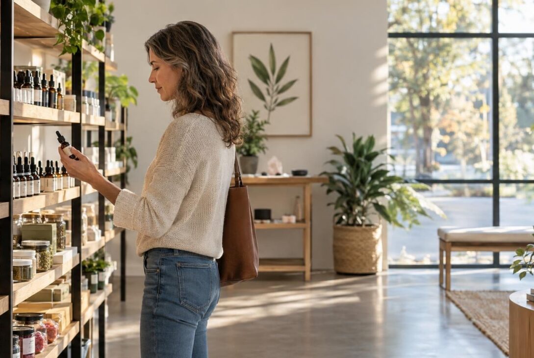 Middle-aged shopper browsing calm modern cannabis dispensary with CBD products