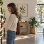 Middle-aged shopper browsing calm modern cannabis dispensary with CBD products