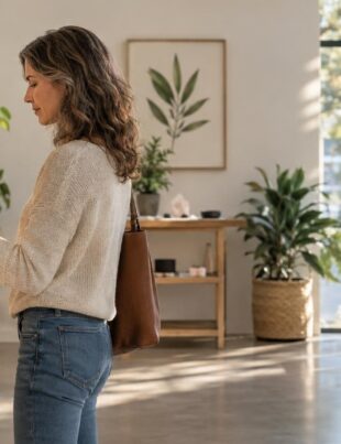 Middle-aged shopper browsing calm modern cannabis dispensary with CBD products