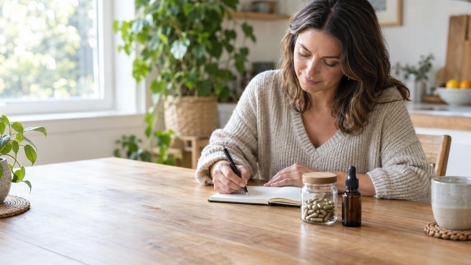 Mature adult tracking CBD capsule dosage at home kitchen table in natural light