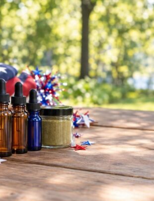 Unbranded CBD, delta-9, and kratom products displayed with subtle patriotic decorations