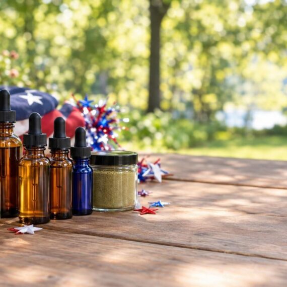 Unbranded CBD, delta-9, and kratom products displayed with subtle patriotic decorations