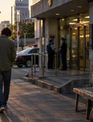 Man walking past Tokyo police station at golden hour with guitar case nearby