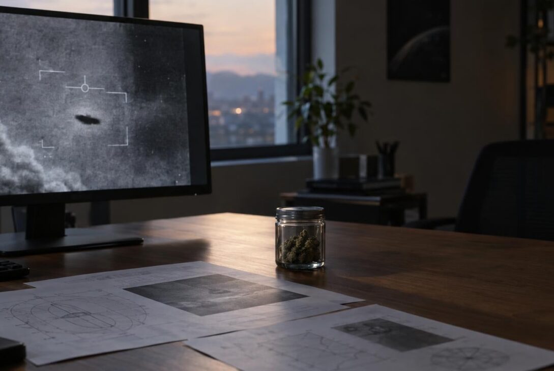 Research office desk with UFO footage on screen and hemp jar nearby