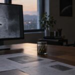 Research office desk with UFO footage on screen and hemp jar nearby