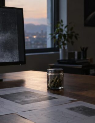Research office desk with UFO footage on screen and hemp jar nearby