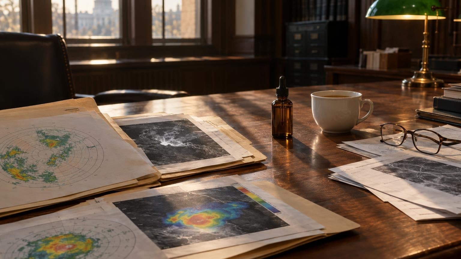 Archival desk with manila folders and a small CBD oil bottle in natural light