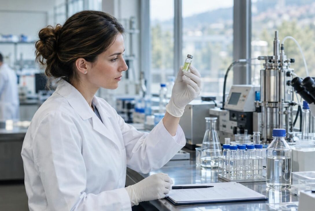 Pharmaceutical laboratory technician examining CBD extract vial in Europe