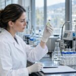Pharmaceutical laboratory technician examining CBD extract vial in Europe