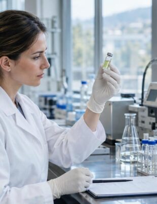 Pharmaceutical laboratory technician examining CBD extract vial in Europe