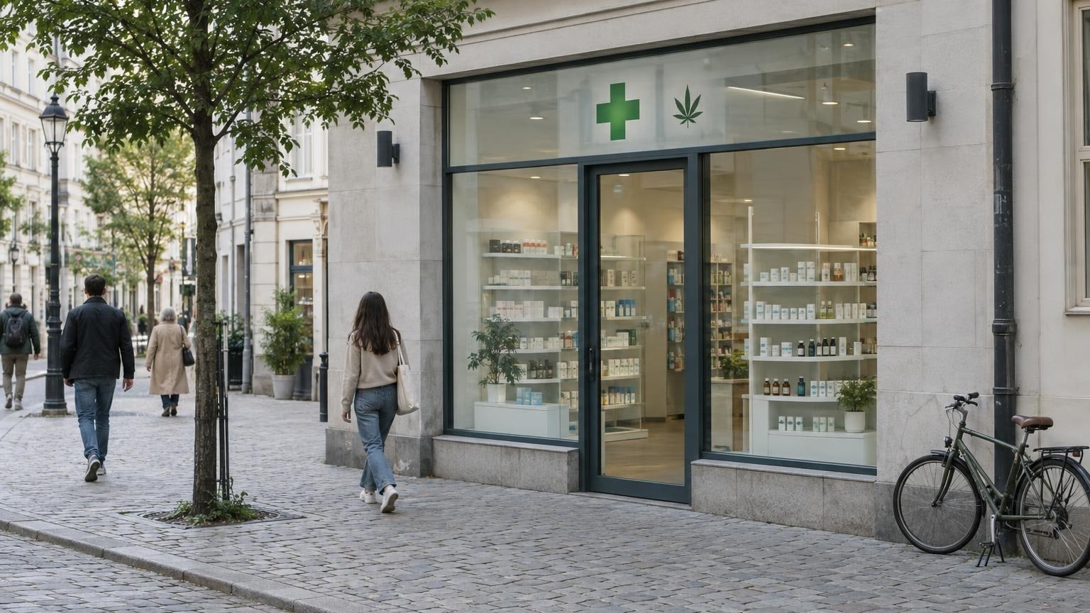 Pharmacy storefront in a European city street with subtle hemp leaf icon