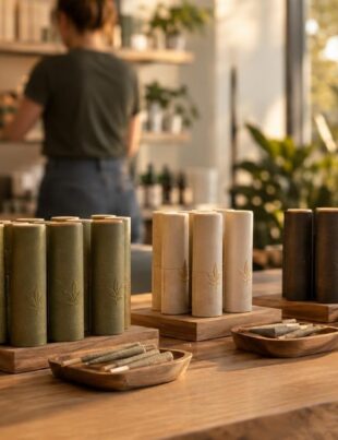 Dispensary display of modern child-resistant pre-roll packaging on wooden table