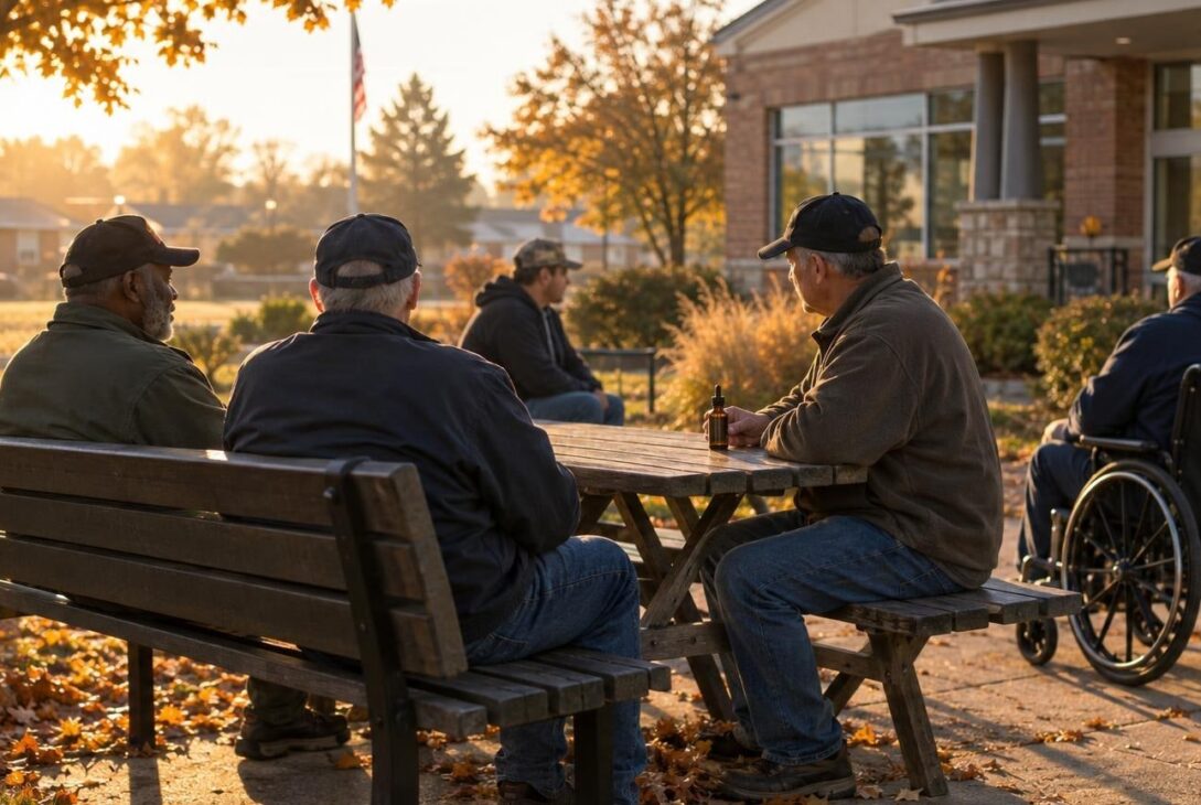 Veterans gathered outside a community center with CBD tincture bottle on table