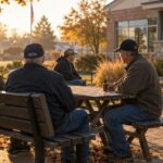 Veterans gathered outside a community center with CBD tincture bottle on table