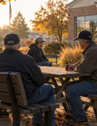 Veterans gathered outside a community center with CBD tincture bottle on table