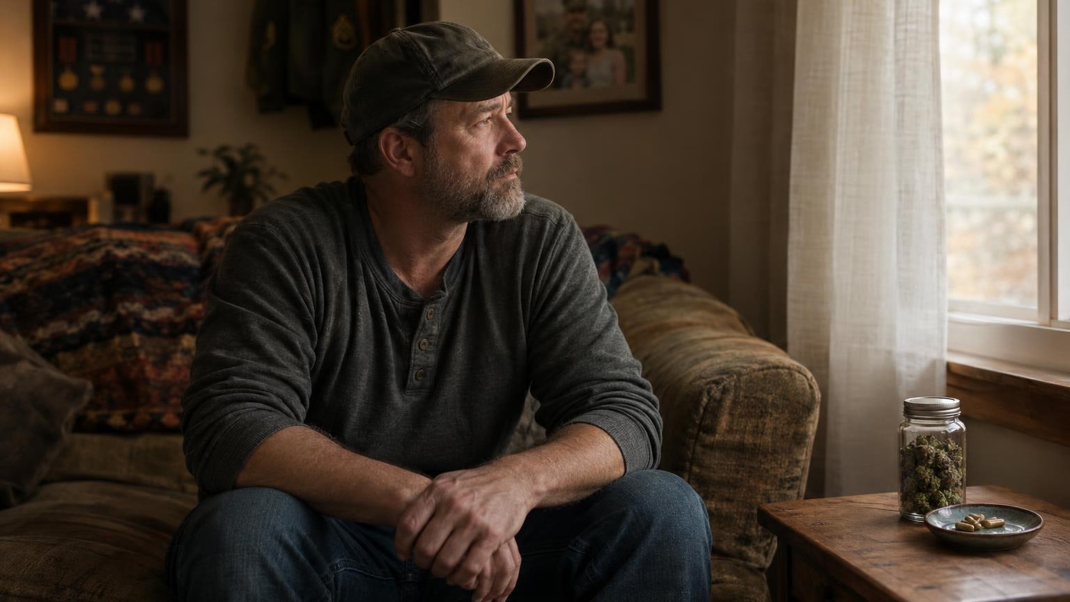 Veteran sitting thoughtfully in living room with hemp jar and capsules nearby