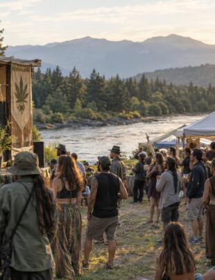 Crowd enjoying a hip hop performance at Montana riverside hemp festival outdoors