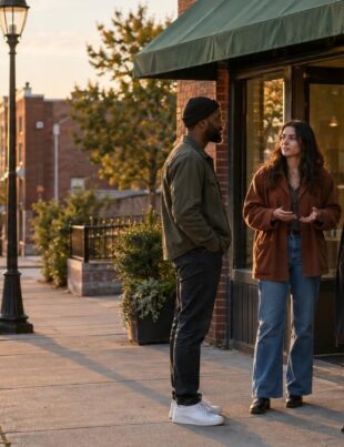Rhode Island cannabis dispensary storefront with people discussing outside in golden hour