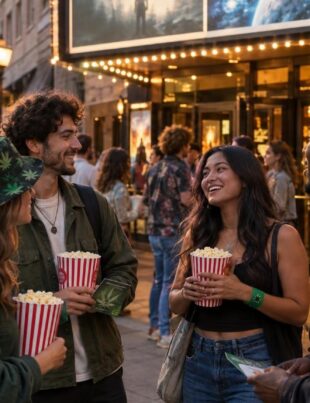 Young adults outside a movie theater during golden hour with subtle cannabis-themed accessories