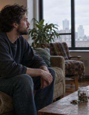 Man sitting contemplatively in living room with cannabis jar on table
