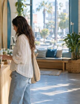 Interior of a cannabis dispensary with ocean blue and sandy tones and natural light
