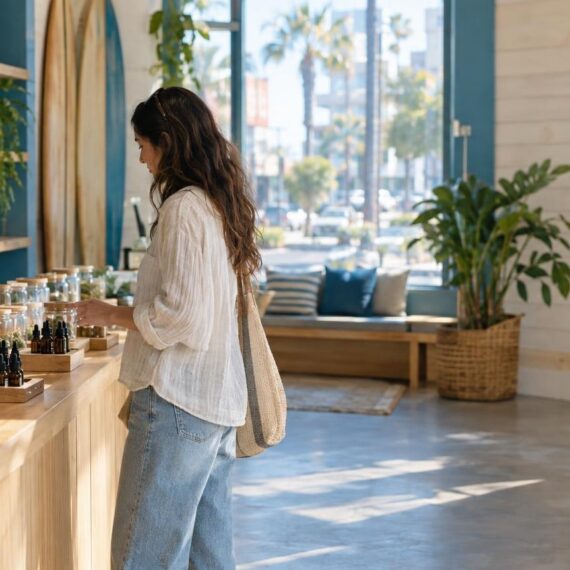 Interior of a cannabis dispensary with ocean blue and sandy tones and natural light