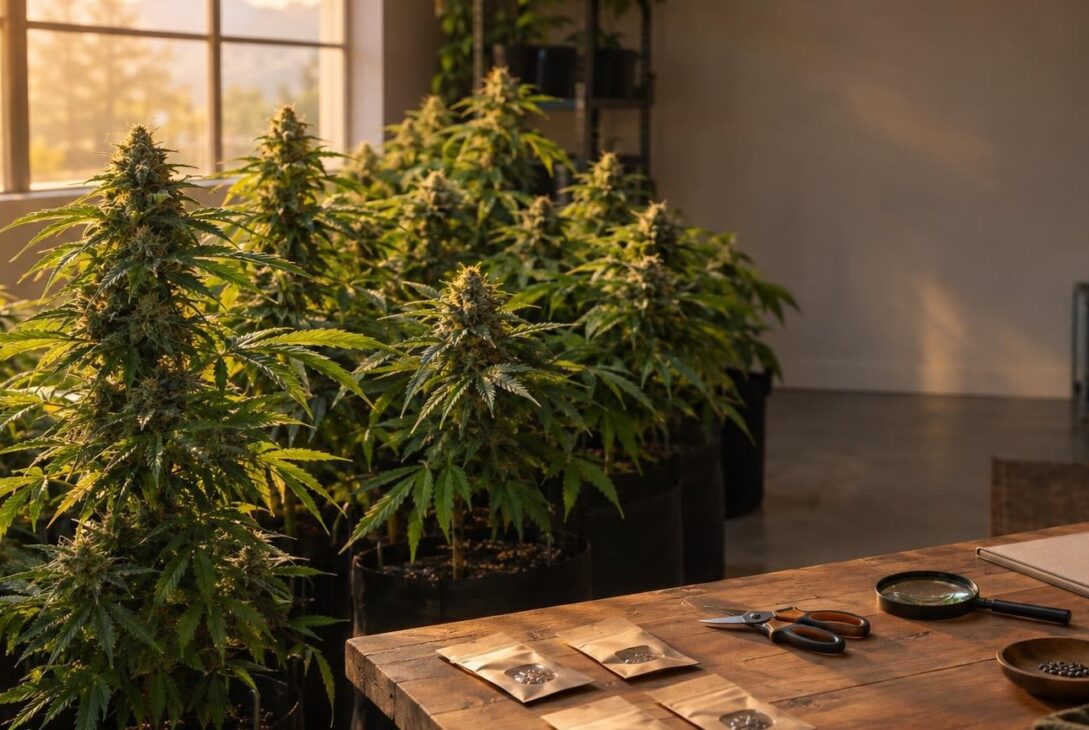 Indoor grow room with mature Sour Diesel cannabis plants and breeding tools