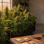 Indoor grow room with mature Sour Diesel cannabis plants and breeding tools