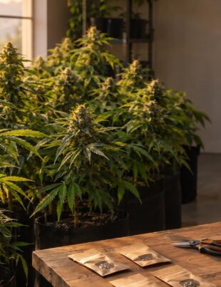 Indoor grow room with mature Sour Diesel cannabis plants and breeding tools