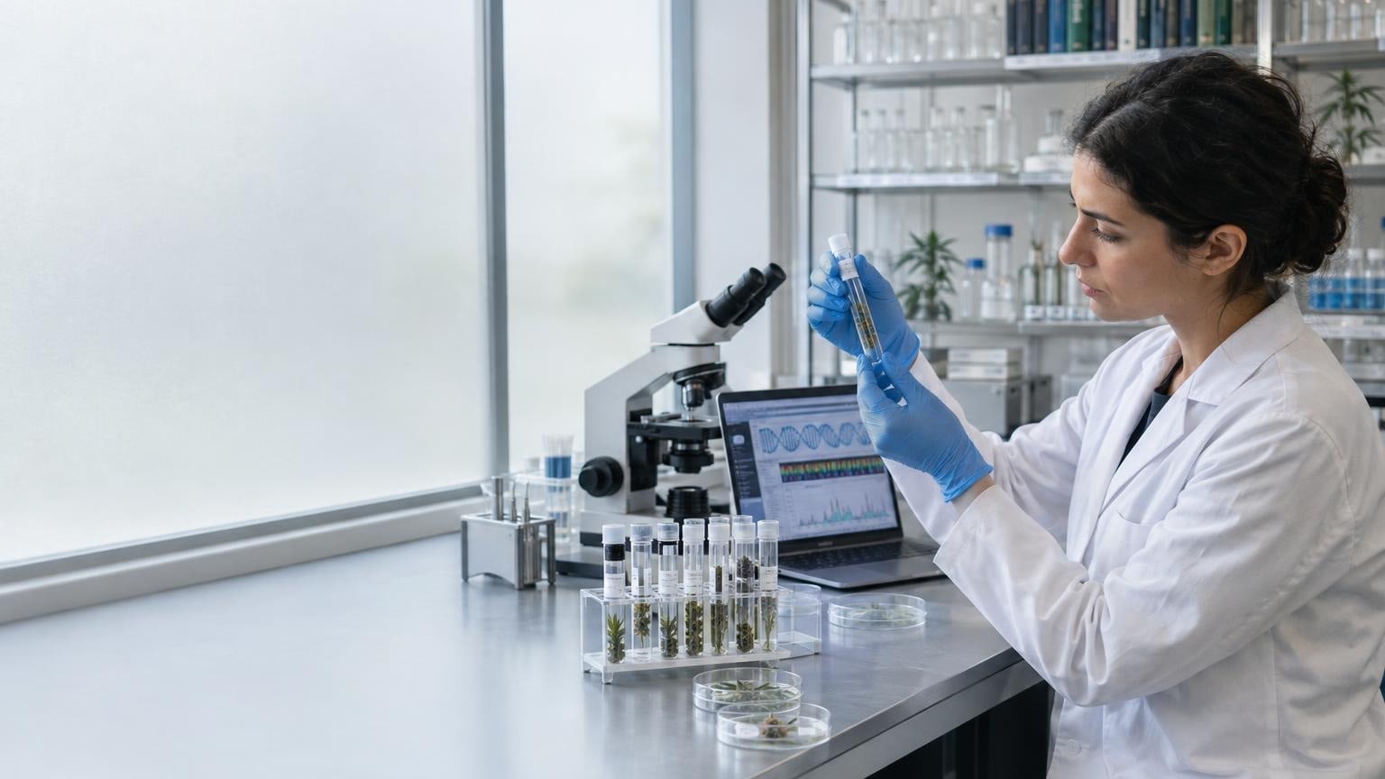 Cannabis lab technician examines Sour Diesel plant samples under natural light