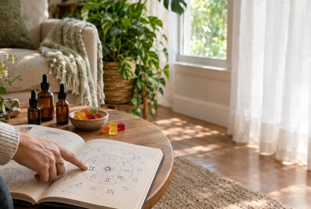 Table with cannabis products and astrology book in sunlit room